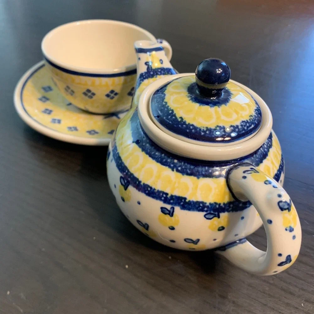 Ceramika Artystyczna Polish Pottery Tea Set Teapot Cup Saucer Yellow Blue READ